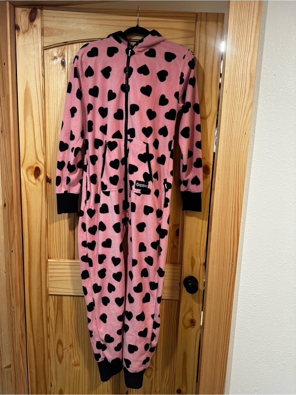 Tipsy Elves Pink and Black Heart Fleece Onesie